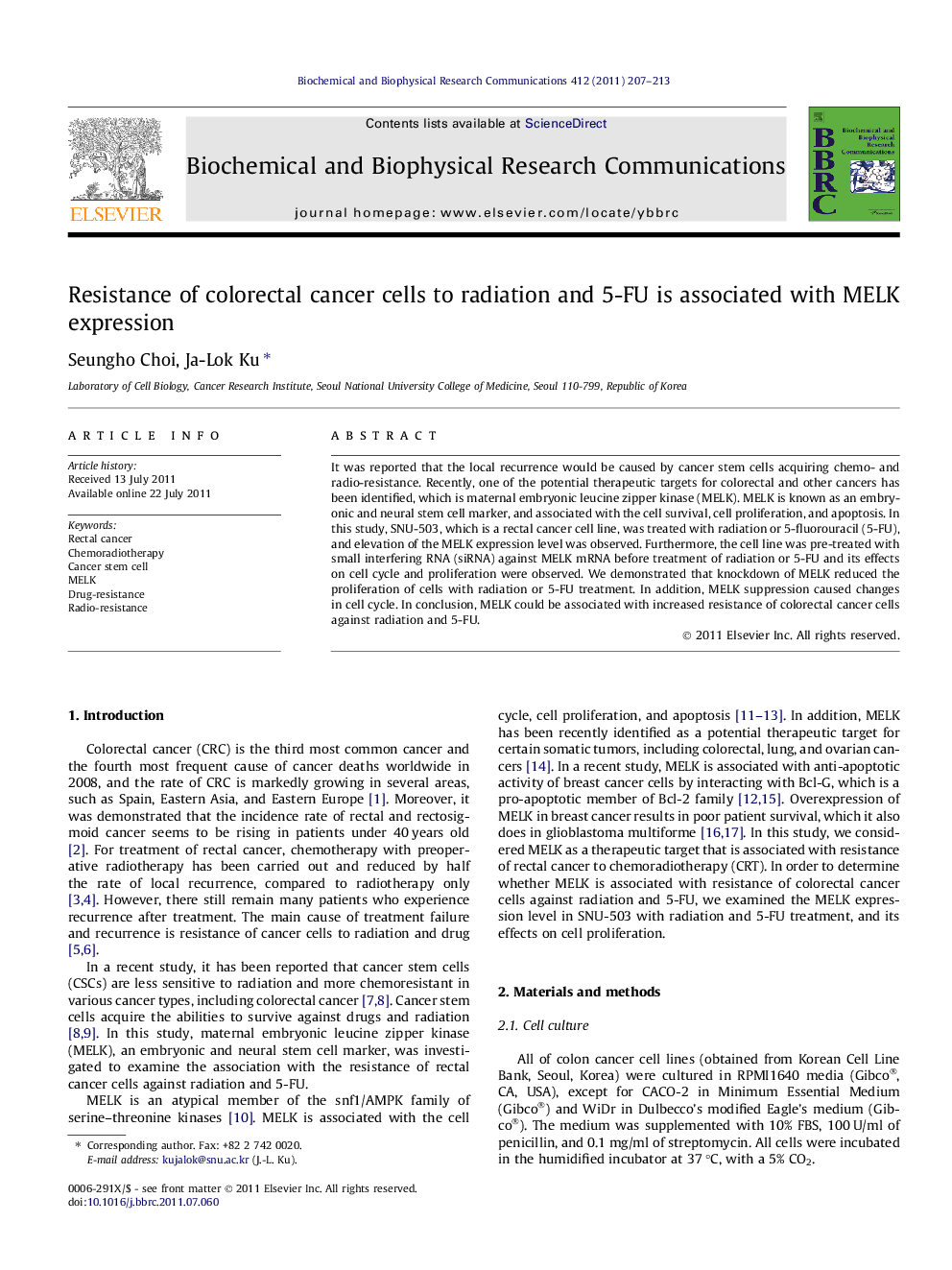 Resistance of colorectal cancer cells to radiation and 5-FU is associated with MELK expression