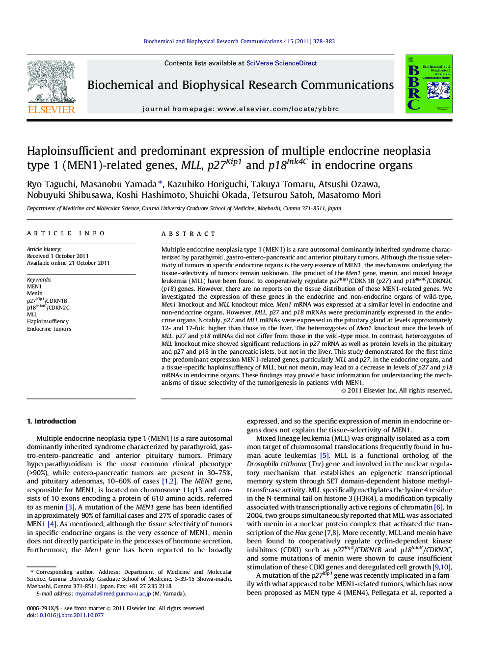 Haploinsufficient and predominant expression of multiple endocrine neoplasia type 1 (MEN1)-related genes, MLL, p27Kip1 and p18Ink4C in endocrine organs