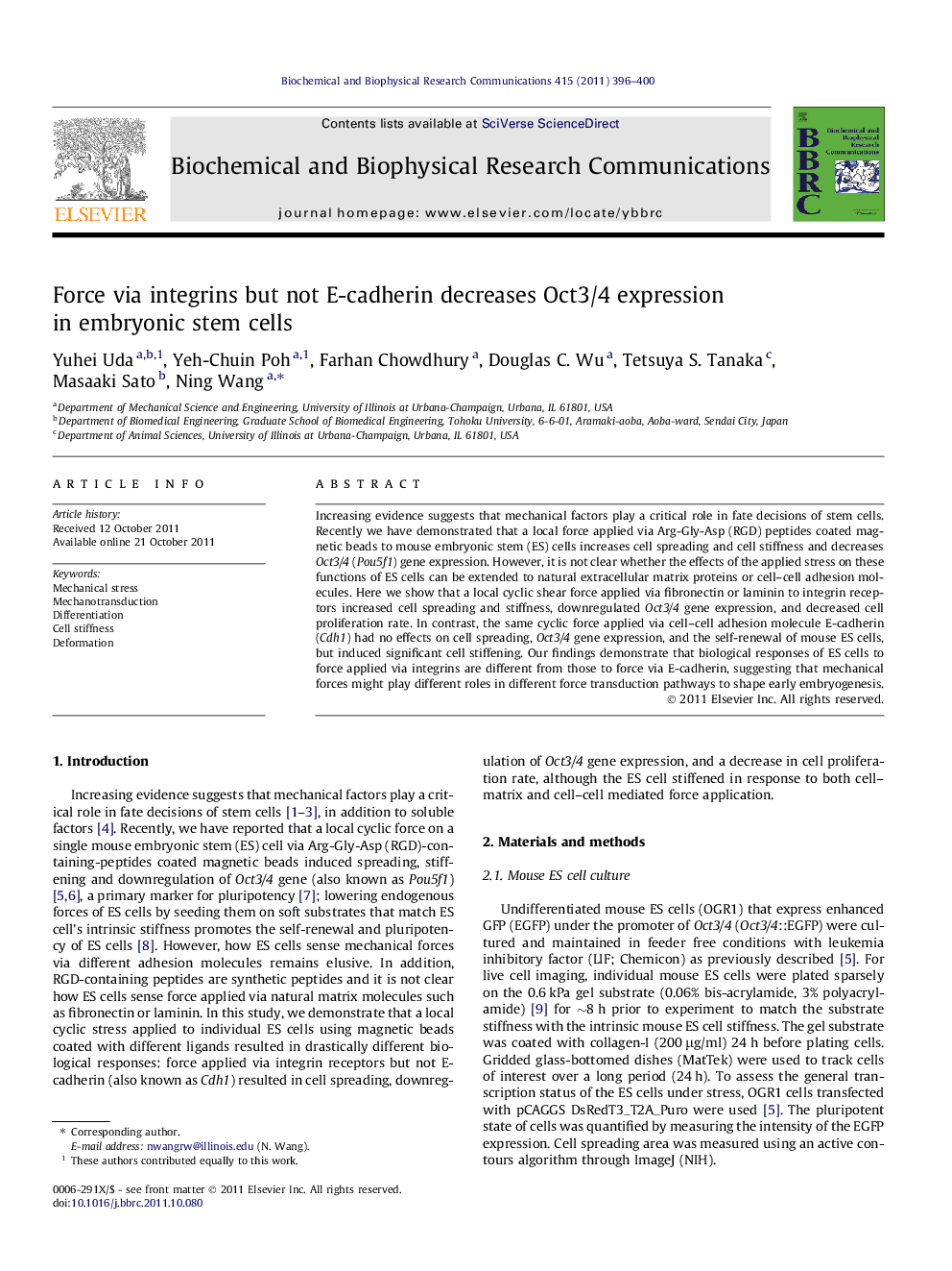 Force via integrins but not E-cadherin decreases Oct3/4 expression in embryonic stem cells