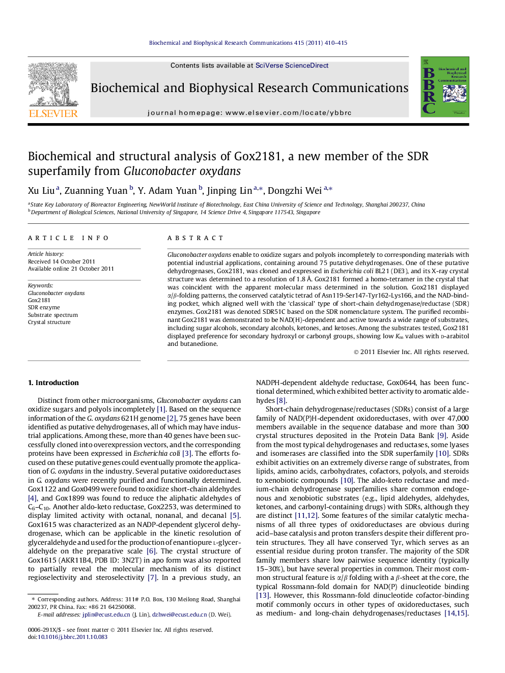 Biochemical and structural analysis of Gox2181, a new member of the SDR superfamily from Gluconobacter oxydans