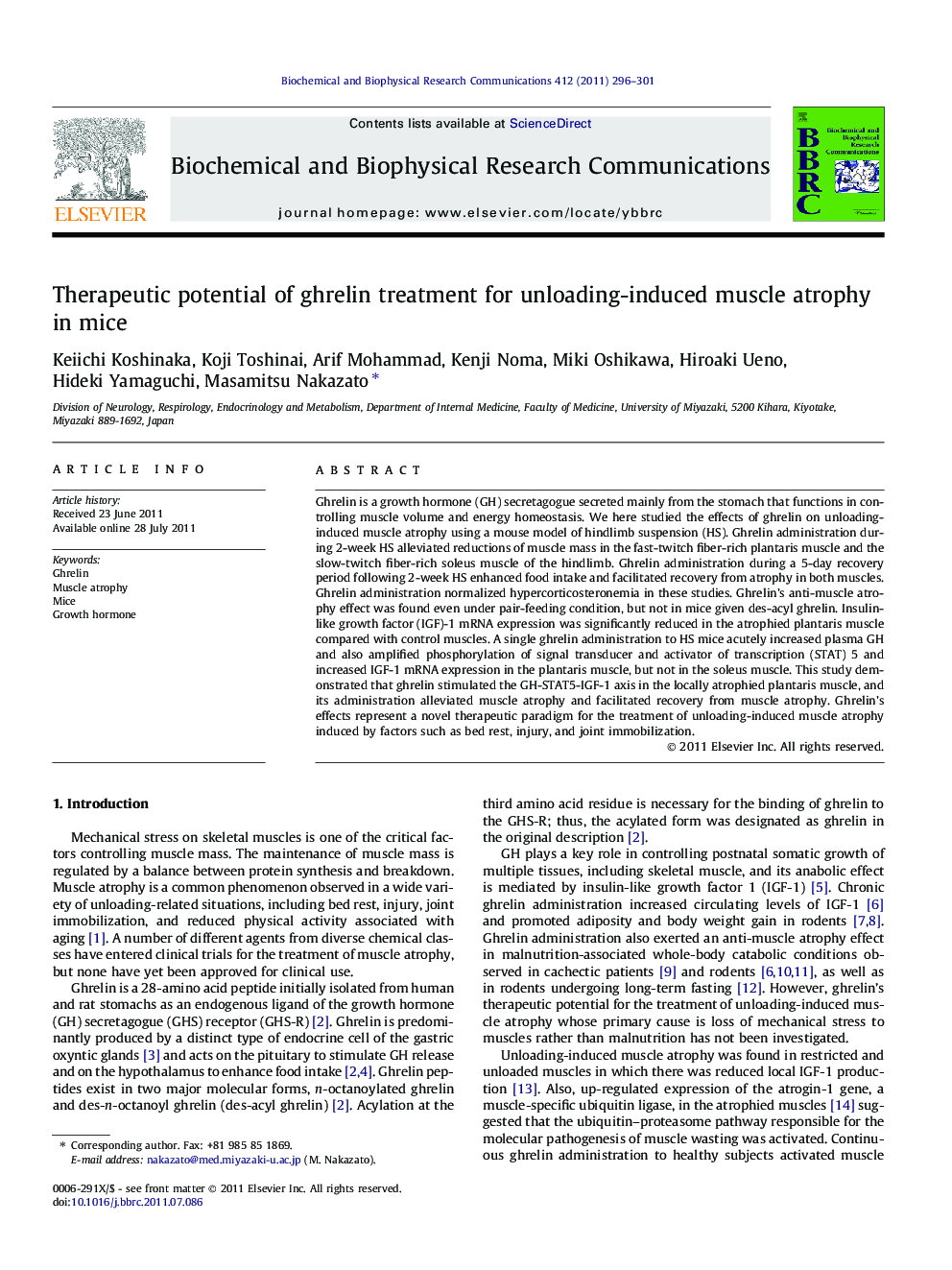 Therapeutic potential of ghrelin treatment for unloading-induced muscle atrophy in mice