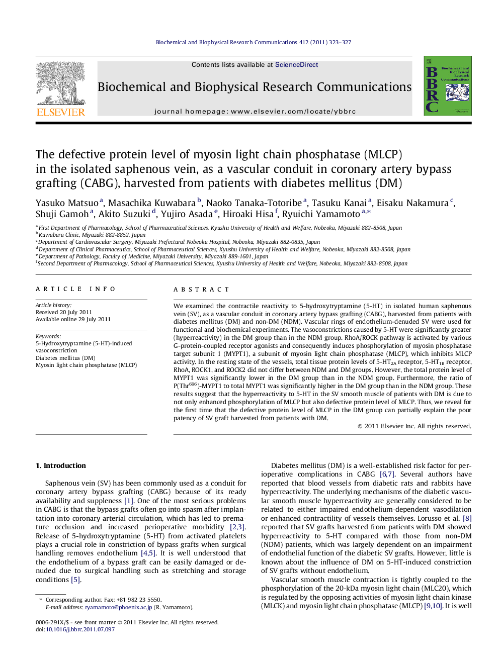 The defective protein level of myosin light chain phosphatase (MLCP) in the isolated saphenous vein, as a vascular conduit in coronary artery bypass grafting (CABG), harvested from patients with diabetes mellitus (DM)