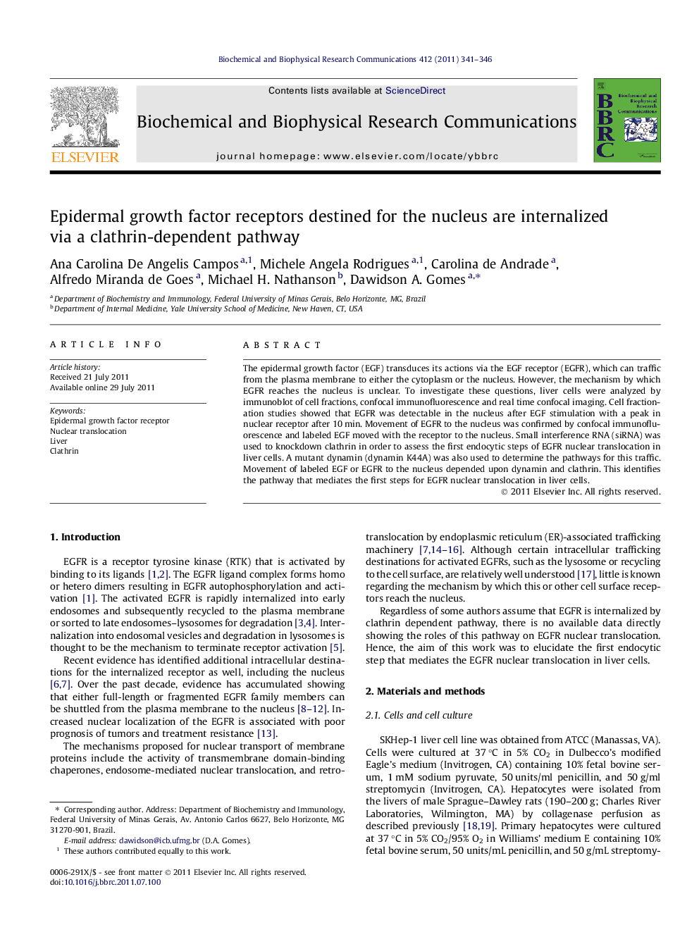 عکس صفحه اول مقاله: Epidermal growth factor receptors destined for the nucleus are internalized via a clathrin-dependent pathway Epidermal growth factor receptors destined for the nucleus are internalized via a clathrin-dependent pathway