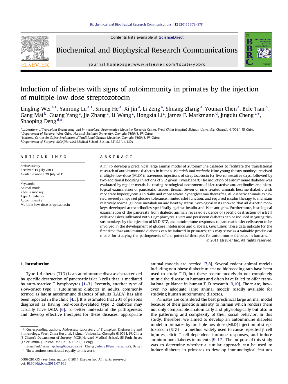 Induction of diabetes with signs of autoimmunity in primates by the injection of multiple-low-dose streptozotocin