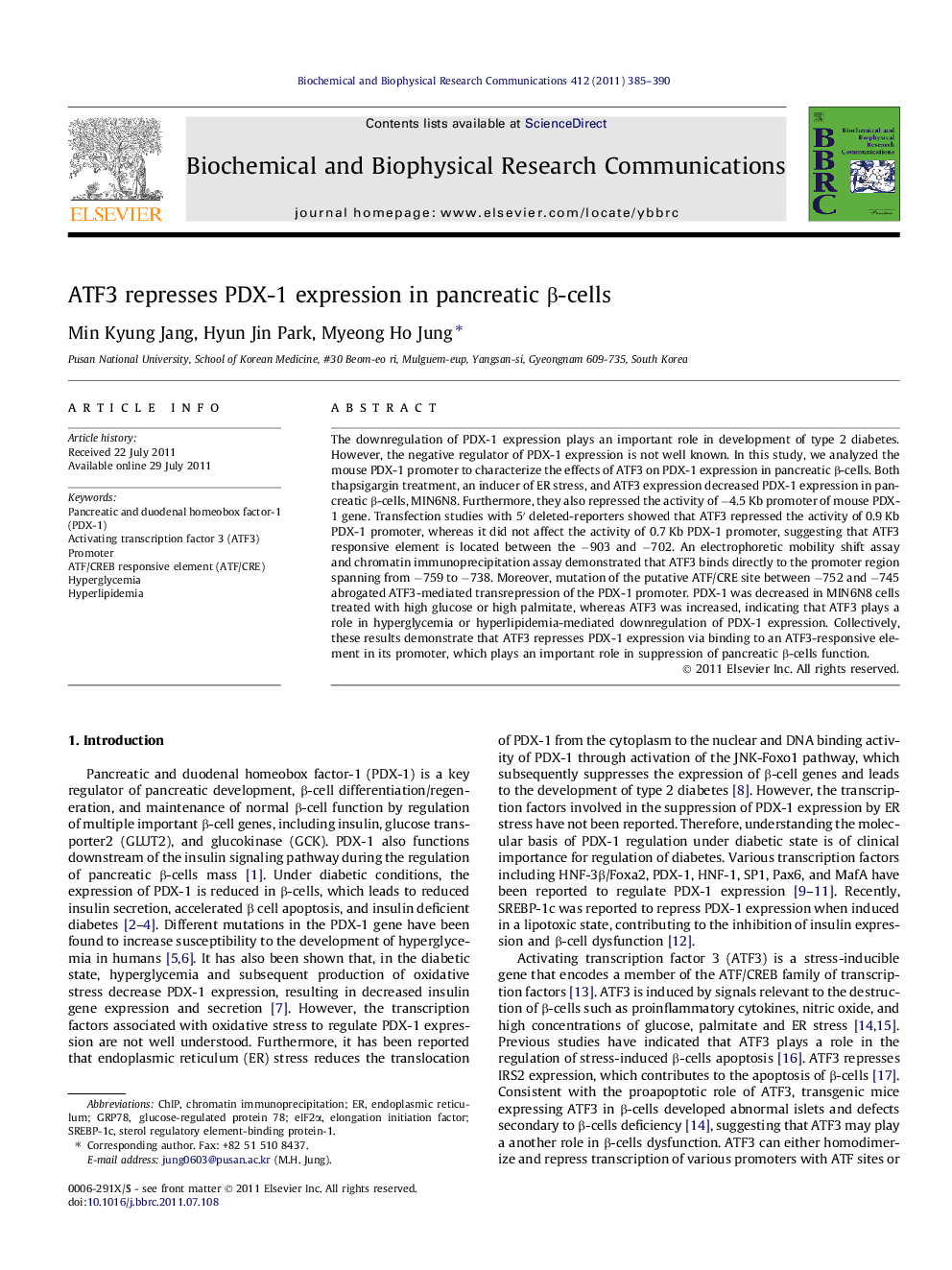 ATF3 represses PDX-1 expression in pancreatic Î²-cells