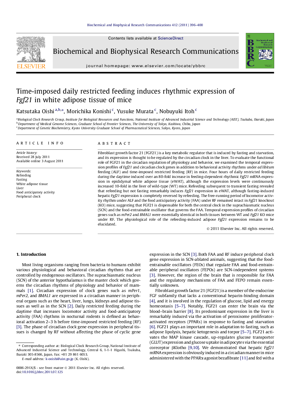 Time-imposed daily restricted feeding induces rhythmic expression of Fgf21 in white adipose tissue of mice