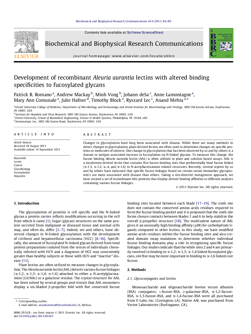 Development of recombinant Aleuria aurantia lectins with altered binding specificities to fucosylated glycans