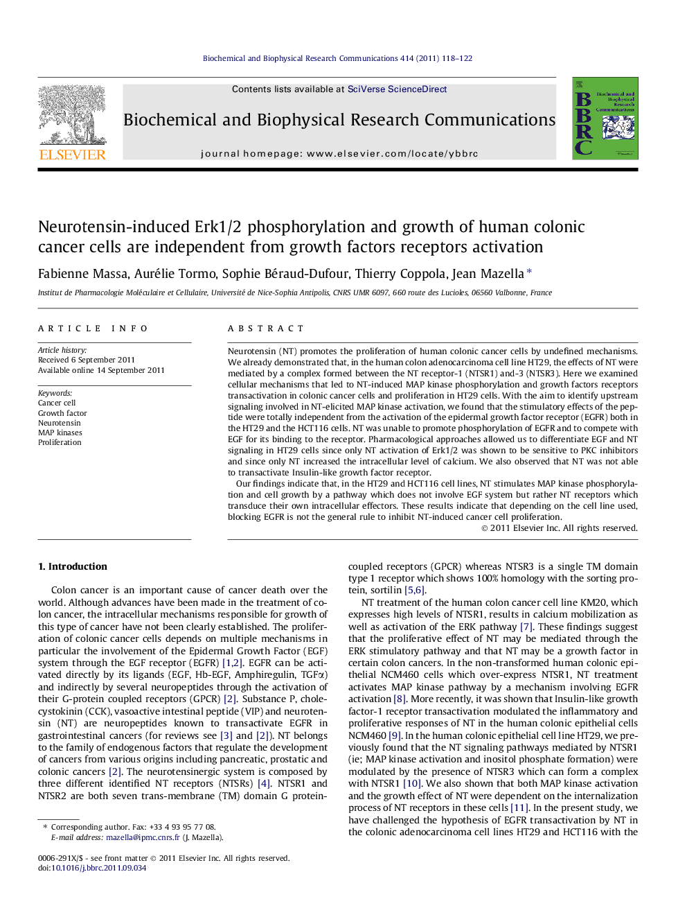 Neurotensin-induced Erk1/2 phosphorylation and growth of human colonic cancer cells are independent from growth factors receptors activation