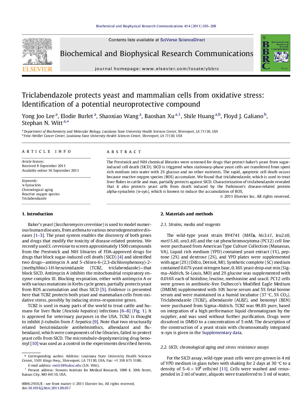 Triclabendazole protects yeast and mammalian cells from oxidative stress: Identification of a potential neuroprotective compound