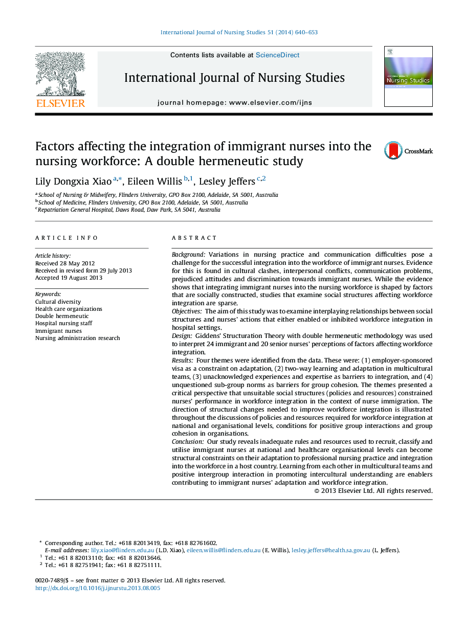 عوامل موثر بر ادغام پرستاران مهاجر به نیروی کار پرستاری: مطالعه هرمنوتیک دوگانه 