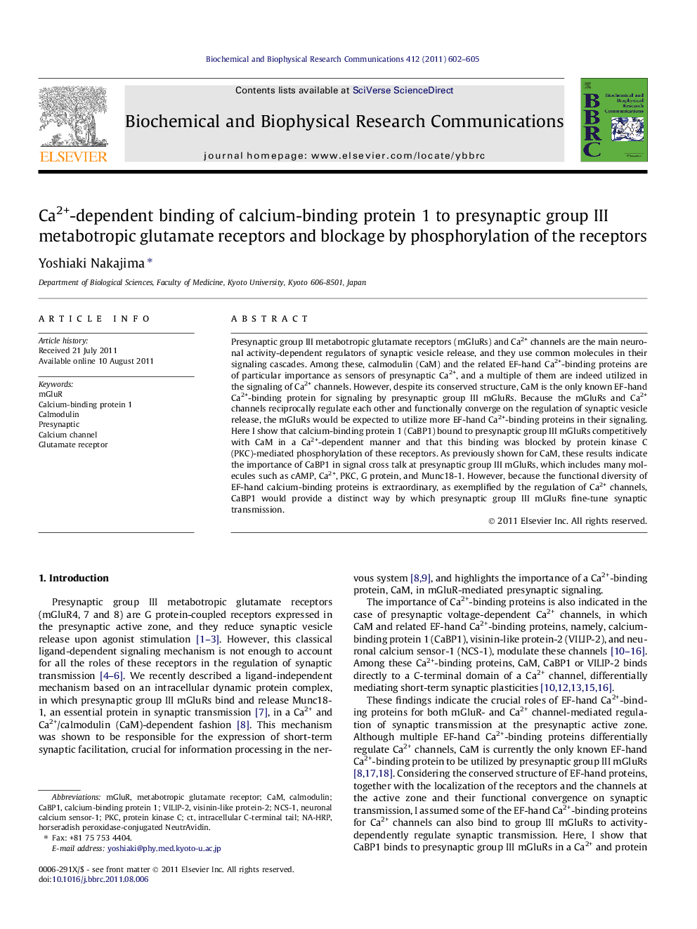 Ca2+-dependent binding of calcium-binding protein 1 to presynaptic group III metabotropic glutamate receptors and blockage by phosphorylation of the receptors