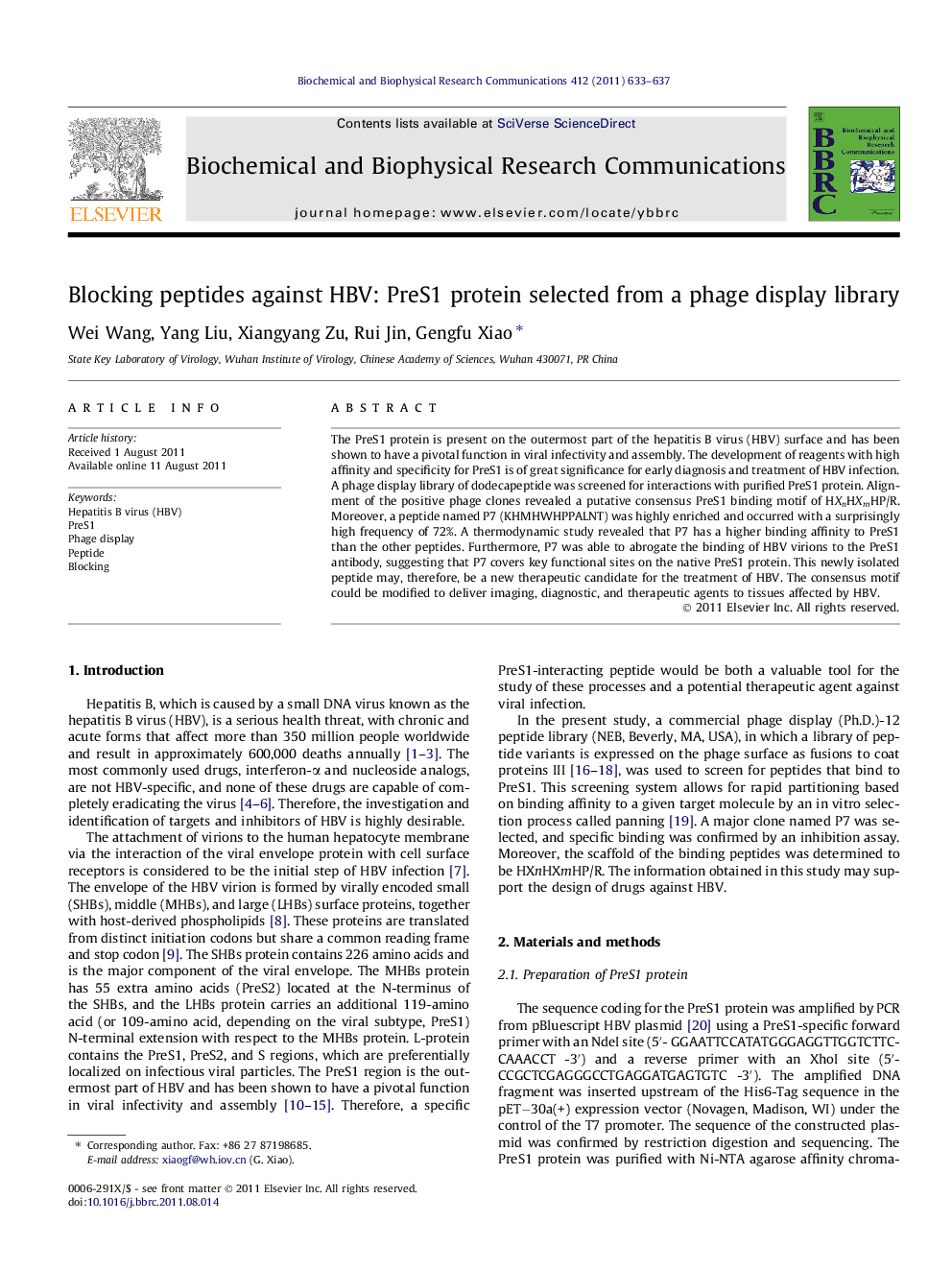 Blocking peptides against HBV: PreS1 protein selected from a phage display library