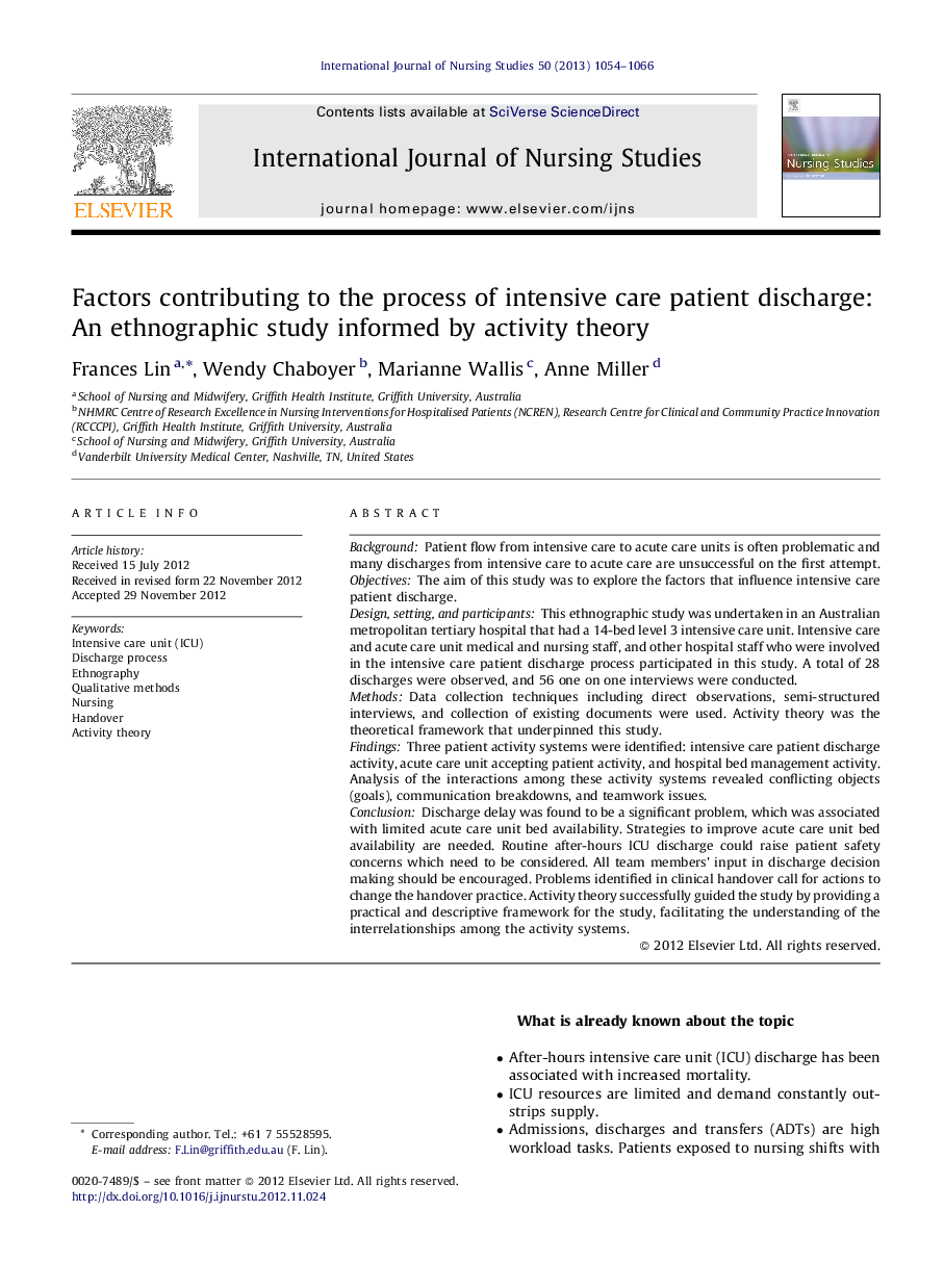 Factors contributing to the process of intensive care patient discharge: An ethnographic study informed by activity theory