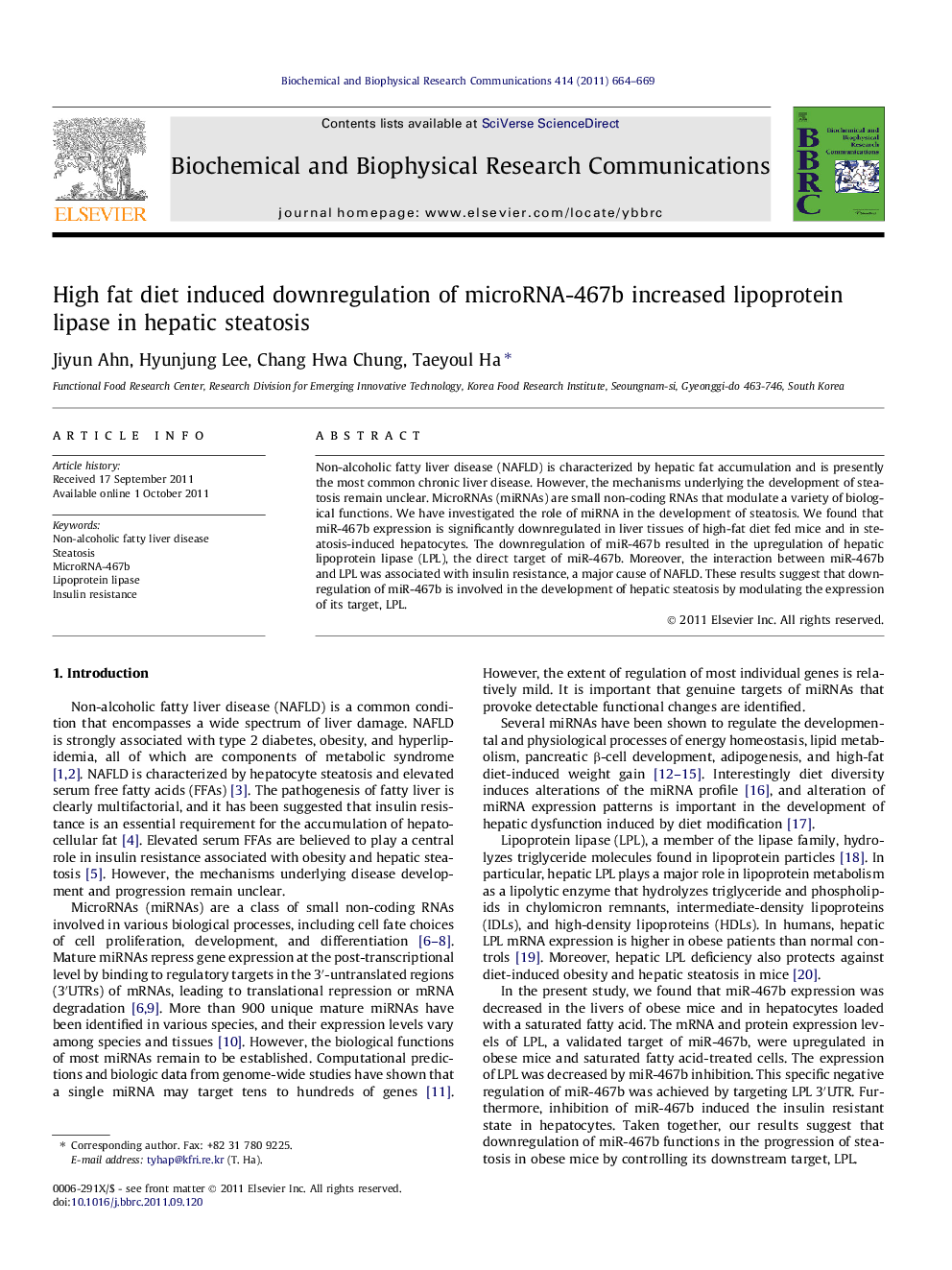 High fat diet induced downregulation of microRNA-467b increased lipoprotein lipase in hepatic steatosis