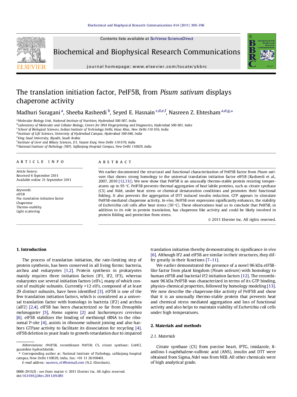 عکس صفحه اول مقاله: The translation initiation factor, PeIF5B, from Pisum sativum displays chaperone activity The translation initiation factor, PeIF5B, from Pisum sativum displays chaperone activity