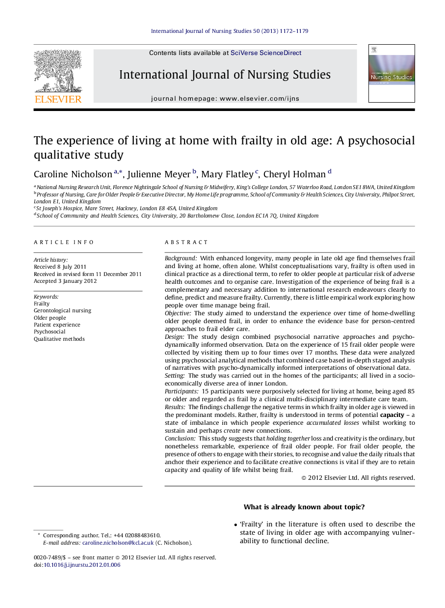 The experience of living at home with frailty in old age: A psychosocial qualitative study