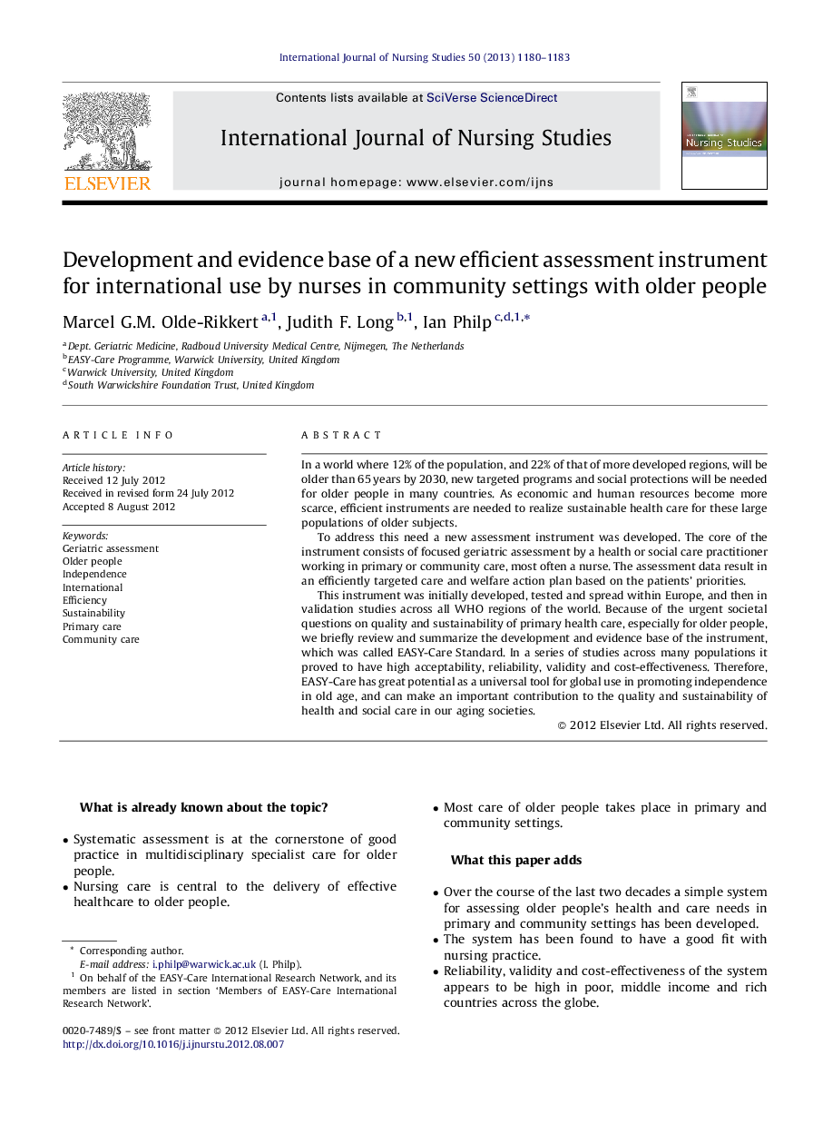 Development and evidence base of a new efficient assessment instrument for international use by nurses in community settings with older people