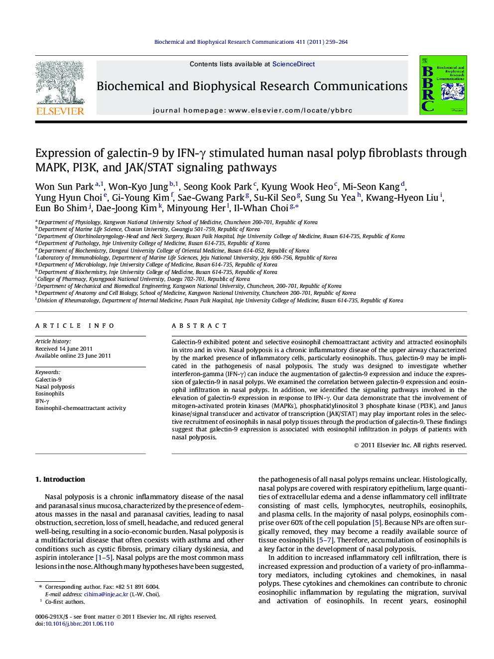 Expression of galectin-9 by IFN-Î³ stimulated human nasal polyp fibroblasts through MAPK, PI3K, and JAK/STAT signaling pathways