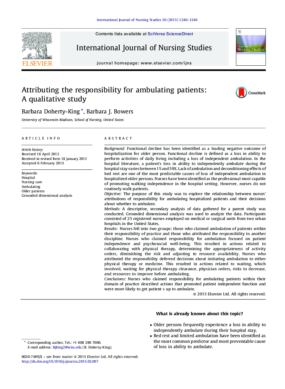 Attributing the responsibility for ambulating patients: A qualitative study