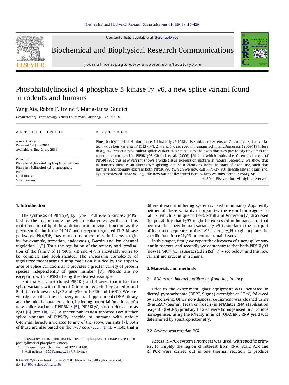 Phosphatidylinositol 4-phosphate 5-kinase IÎ³_v6, a new splice variant found in rodents and humans