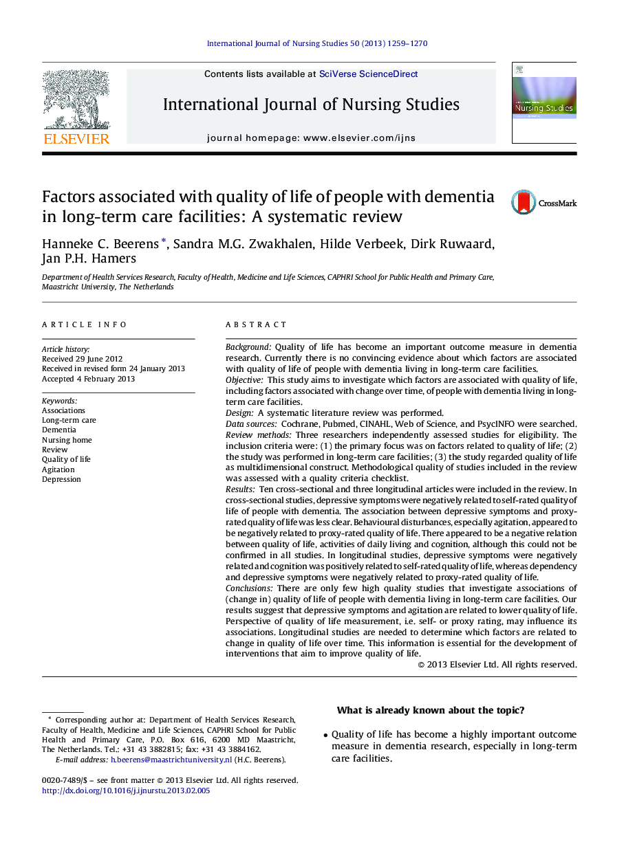 Factors associated with quality of life of people with dementia in long-term care facilities: A systematic review