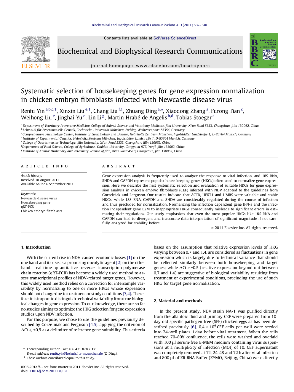 Systematic selection of housekeeping genes for gene expression normalization in chicken embryo fibroblasts infected with Newcastle disease virus