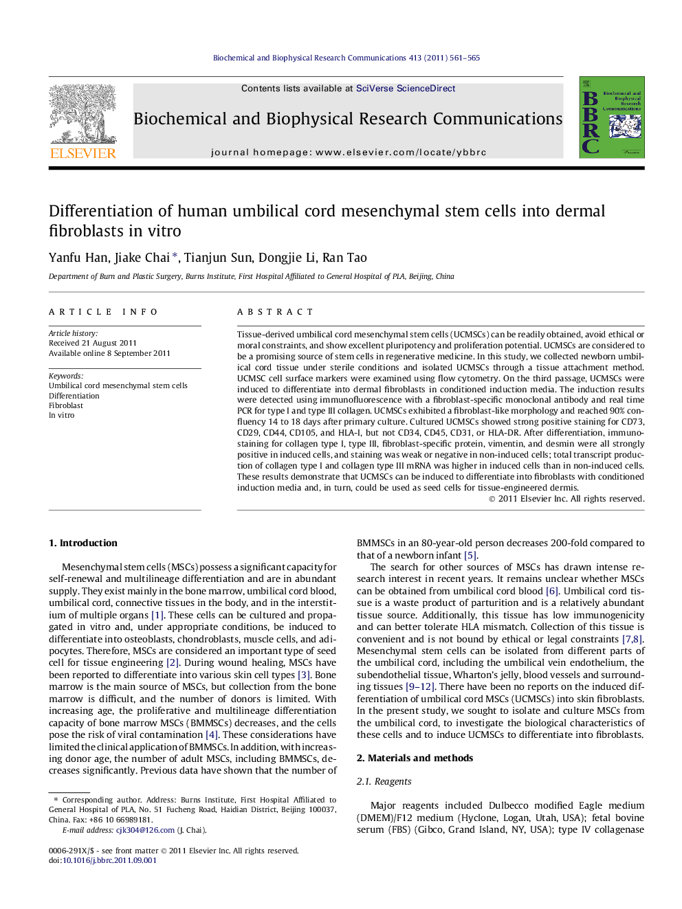 Differentiation of human umbilical cord mesenchymal stem cells into dermal fibroblasts in vitro