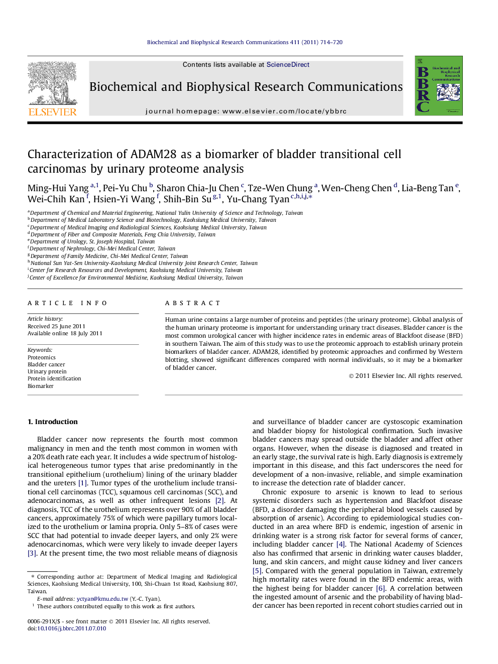 Characterization of ADAM28 as a biomarker of bladder transitional cell carcinomas by urinary proteome analysis