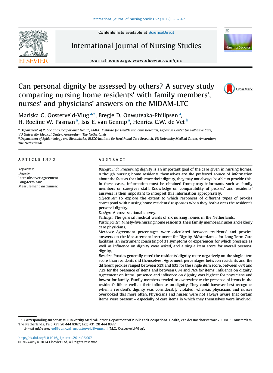 Can personal dignity be assessed by others? A survey study comparing nursing home residents’ with family members’, nurses’ and physicians’ answers on the MIDAM-LTC