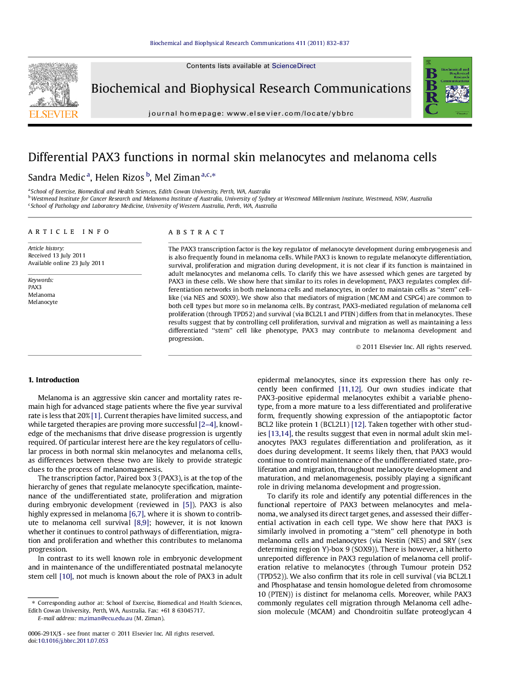 Differential PAX3 functions in normal skin melanocytes and melanoma cells