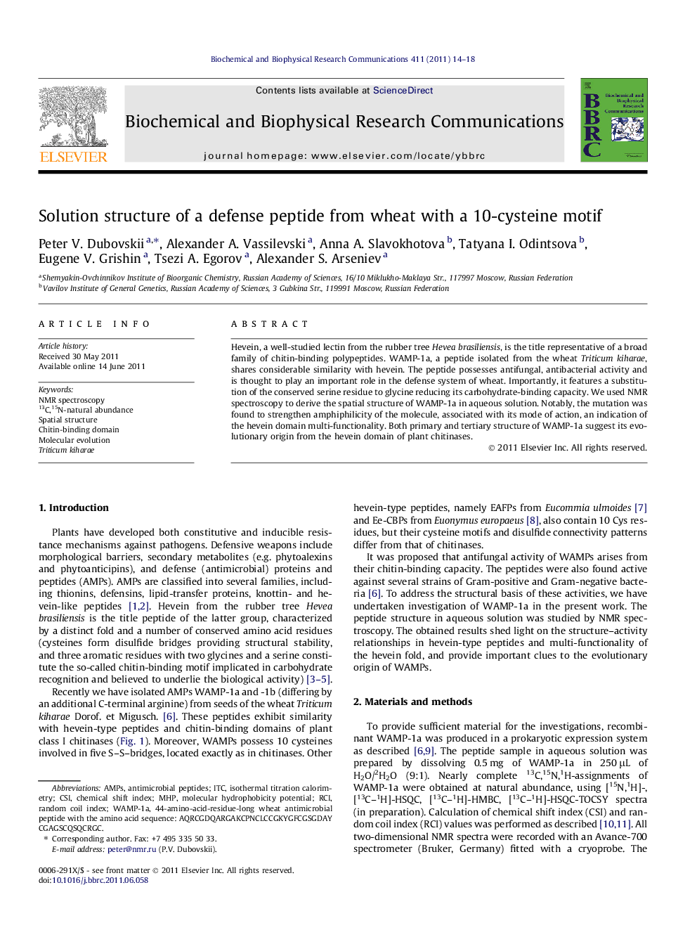 Solution structure of a defense peptide from wheat with a 10-cysteine motif