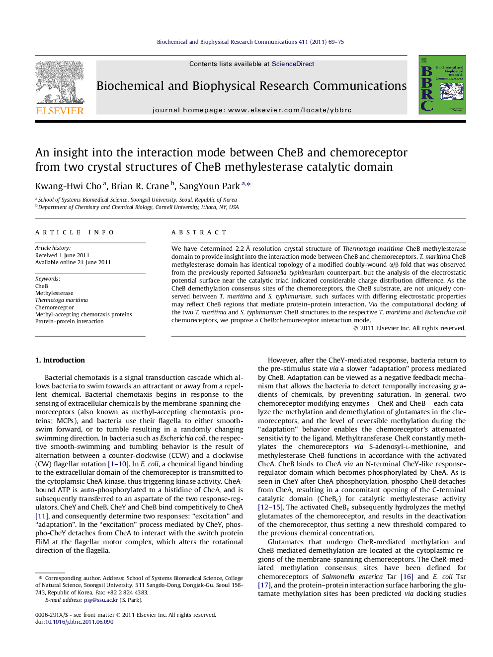 An insight into the interaction mode between CheB and chemoreceptor from two crystal structures of CheB methylesterase catalytic domain