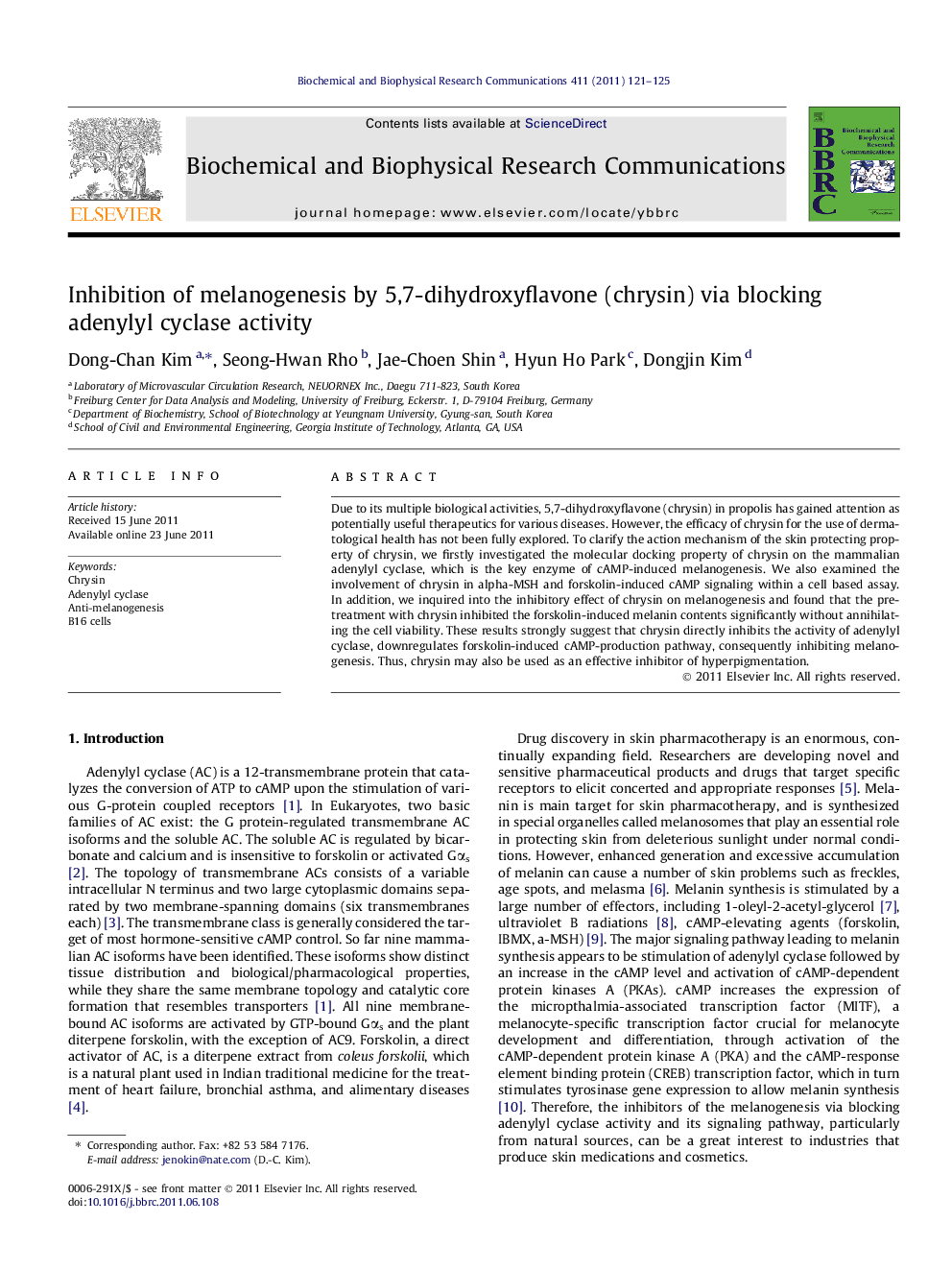 Inhibition of melanogenesis by 5,7-dihydroxyflavone (chrysin) via blocking adenylyl cyclase activity