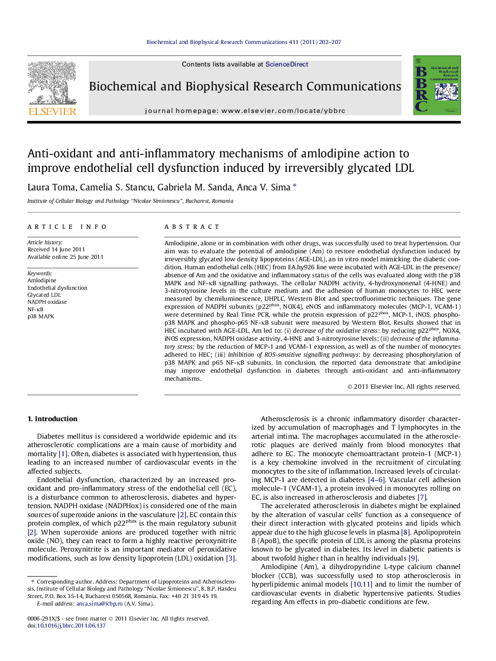 Anti-oxidant and anti-inflammatory mechanisms of amlodipine action to improve endothelial cell dysfunction induced by irreversibly glycated LDL