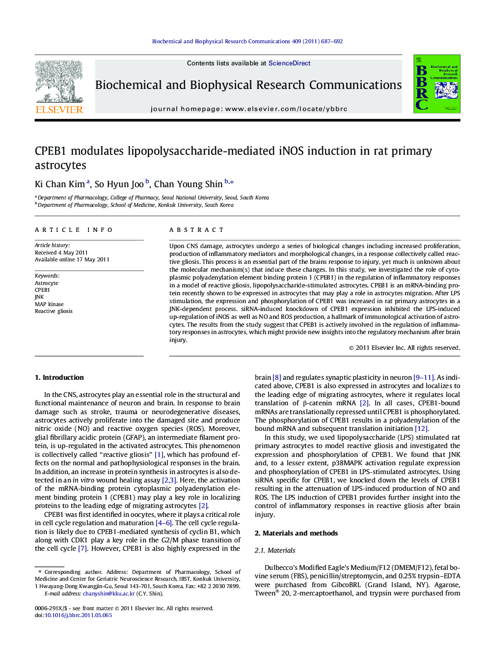 CPEB1 modulates lipopolysaccharide-mediated iNOS induction in rat primary astrocytes