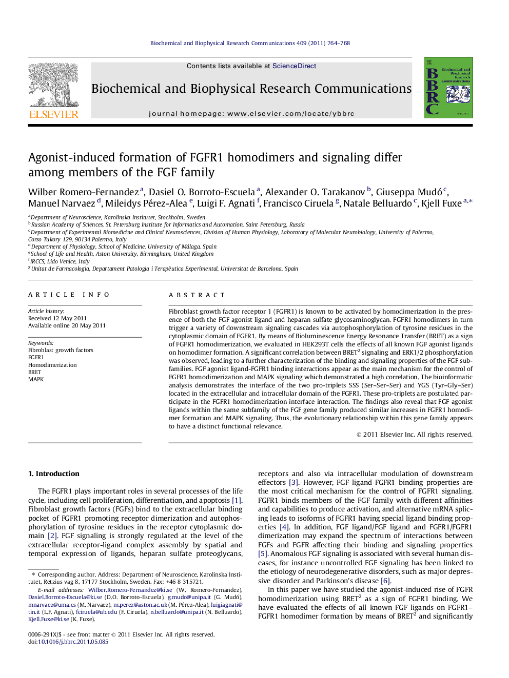 Agonist-induced formation of FGFR1 homodimers and signaling differ among members of the FGF family