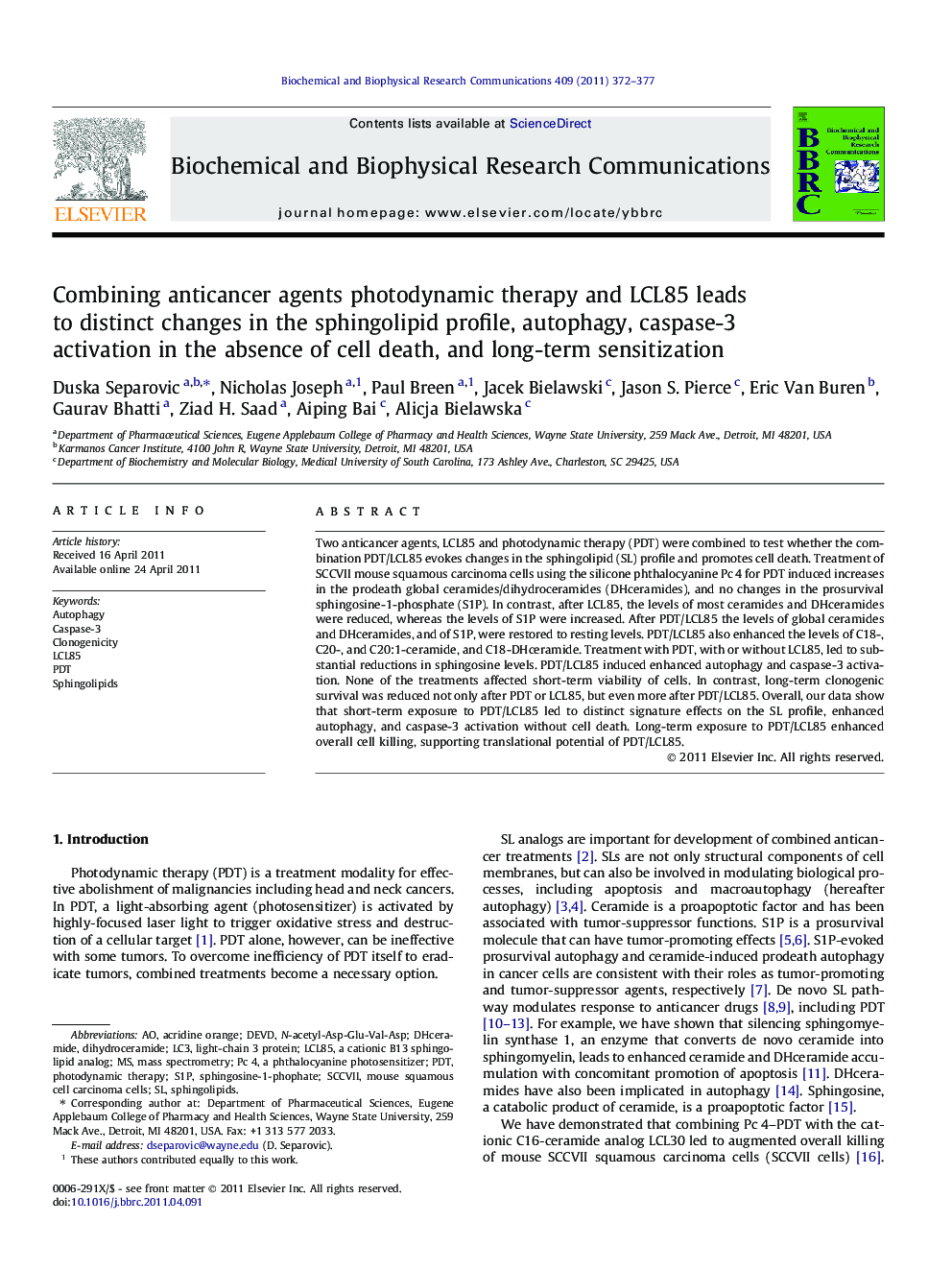 Combining anticancer agents photodynamic therapy and LCL85 leads to distinct changes in the sphingolipid profile, autophagy, caspase-3 activation in the absence of cell death, and long-term sensitization