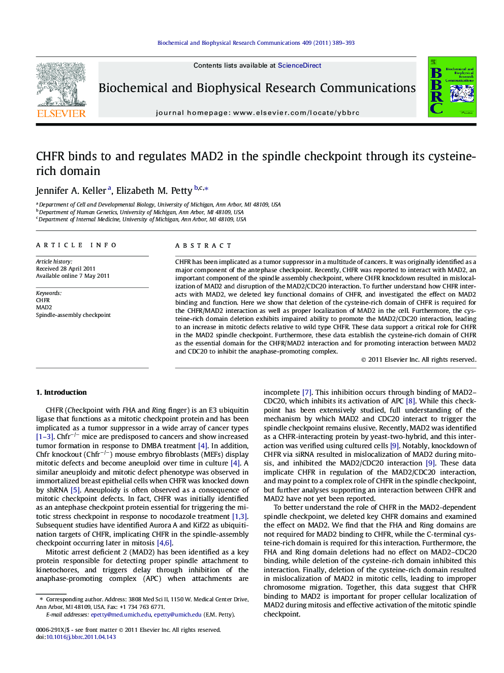 CHFR binds to and regulates MAD2 in the spindle checkpoint through its cysteine-rich domain