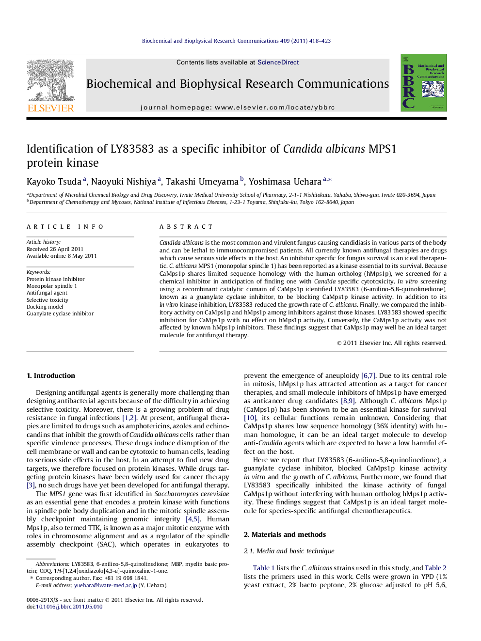 Identification of LY83583 as a specific inhibitor of Candida albicans MPS1 protein kinase