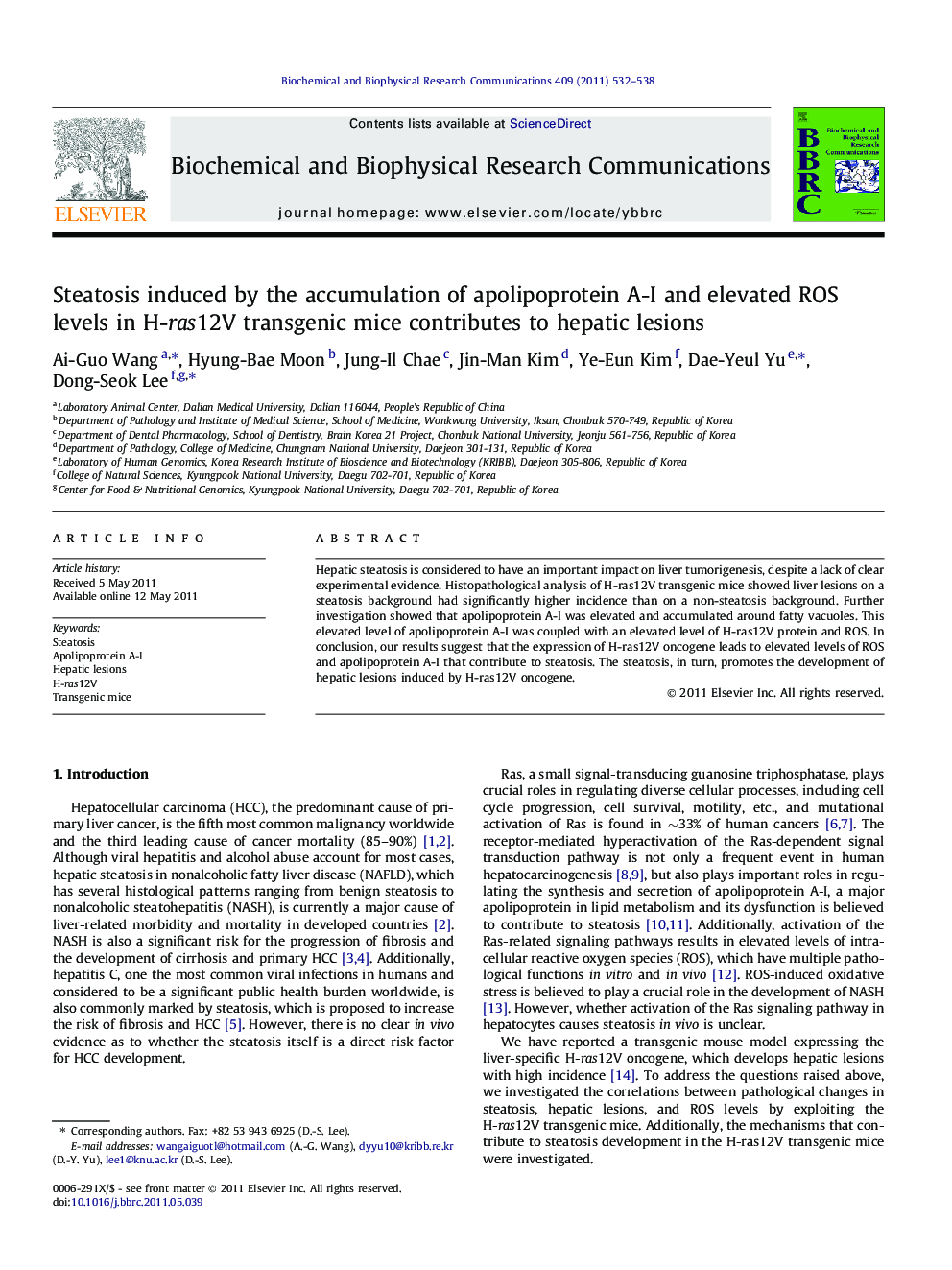 Steatosis induced by the accumulation of apolipoprotein A-I and elevated ROS levels in H-ras12V transgenic mice contributes to hepatic lesions