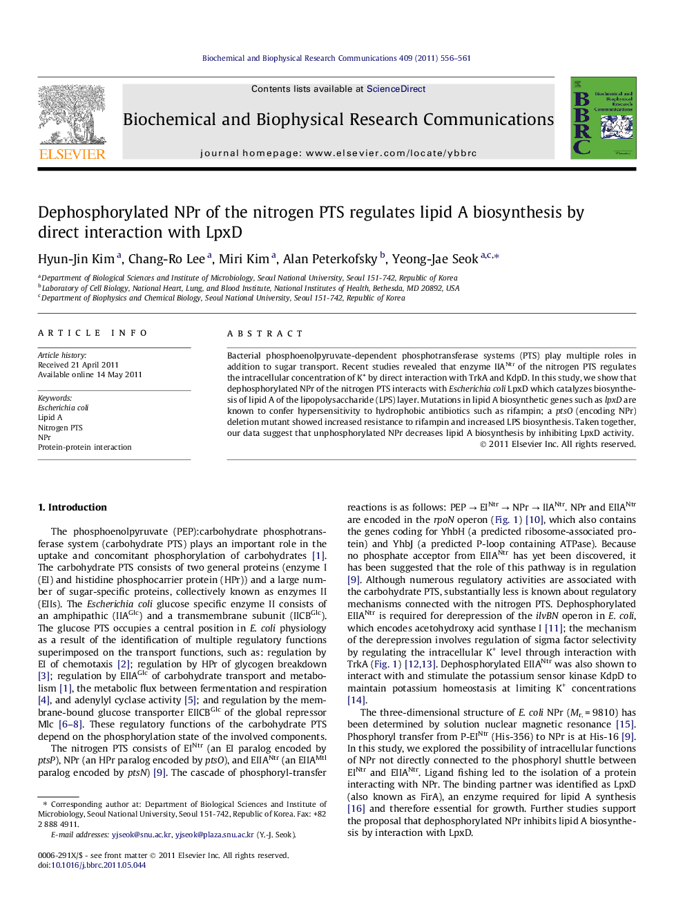 Dephosphorylated NPr of the nitrogen PTS regulates lipid A biosynthesis by direct interaction with LpxD