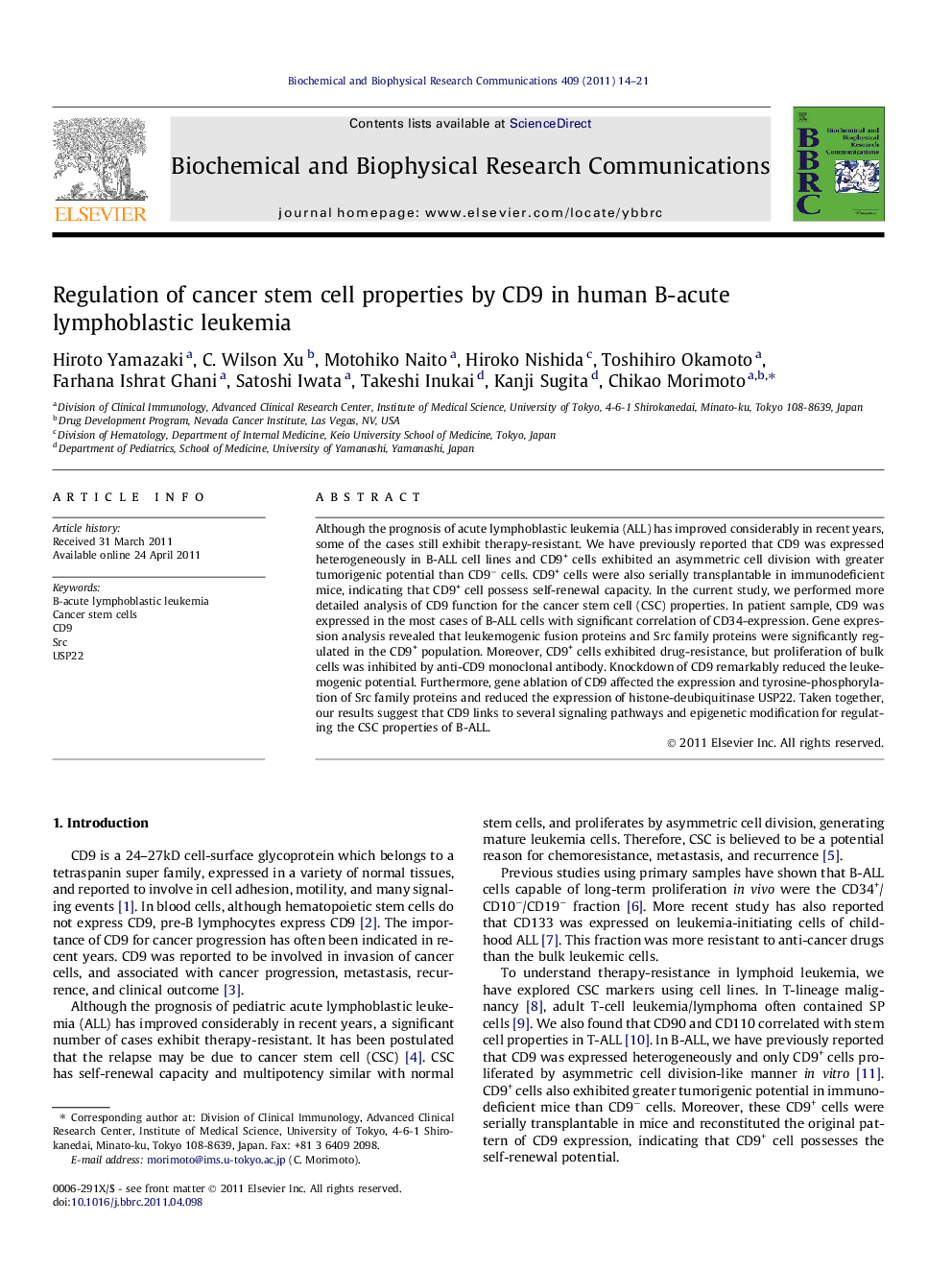 Regulation of cancer stem cell properties by CD9 in human B-acute lymphoblastic leukemia