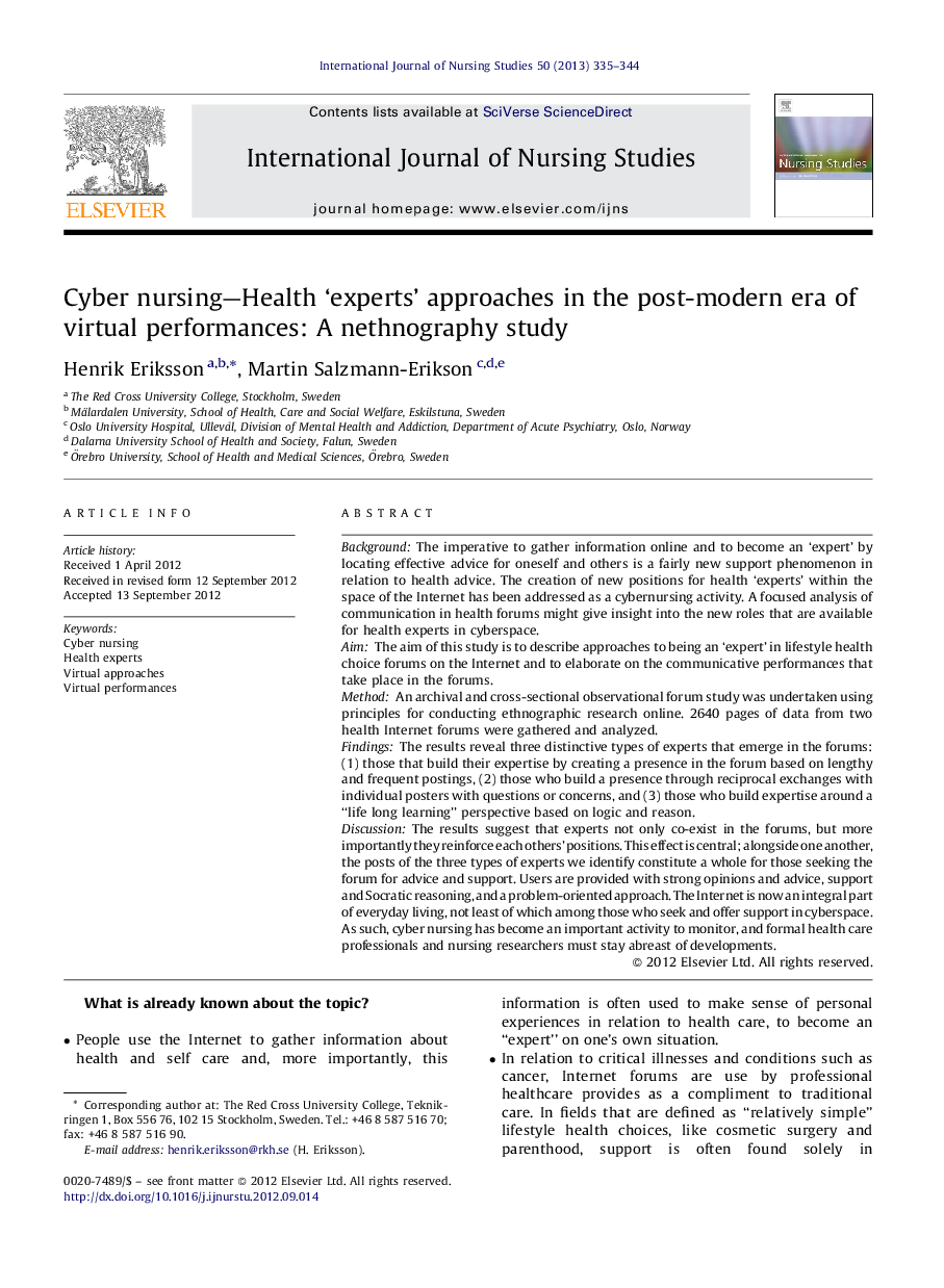 Cyber nursing—Health ‘experts’ approaches in the post-modern era of virtual performances: A nethnography study