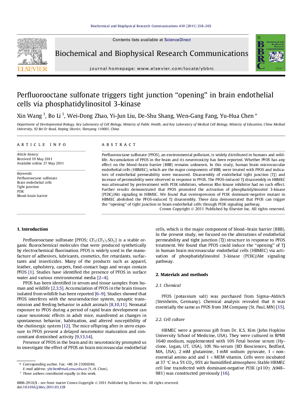 Perfluorooctane sulfonate triggers tight junction “opening” in brain endothelial cells via phosphatidylinositol 3-kinase