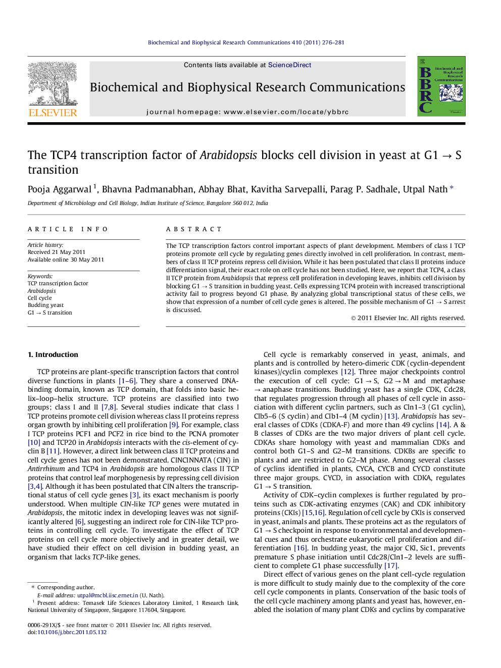 The TCP4 transcription factor of Arabidopsis blocks cell division in yeast at G1Â âÂ S transition