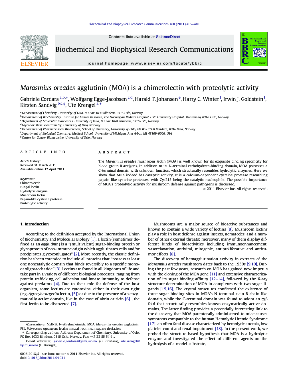 Marasmius oreades agglutinin (MOA) is a chimerolectin with proteolytic activity