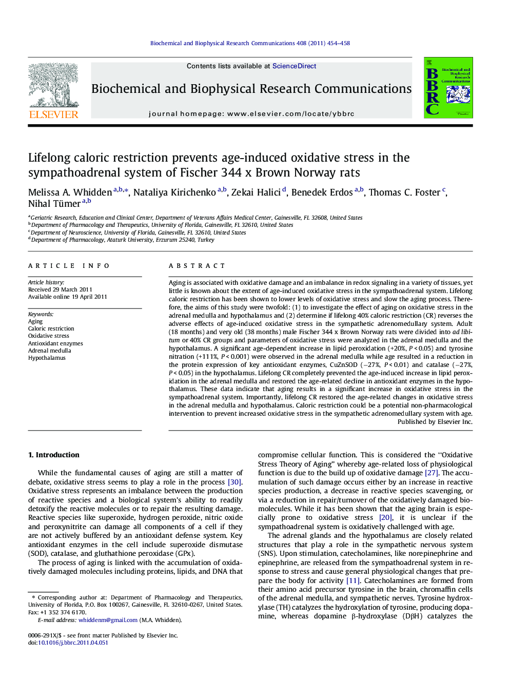 Lifelong caloric restriction prevents age-induced oxidative stress in the sympathoadrenal system of Fischer 344 x Brown Norway rats