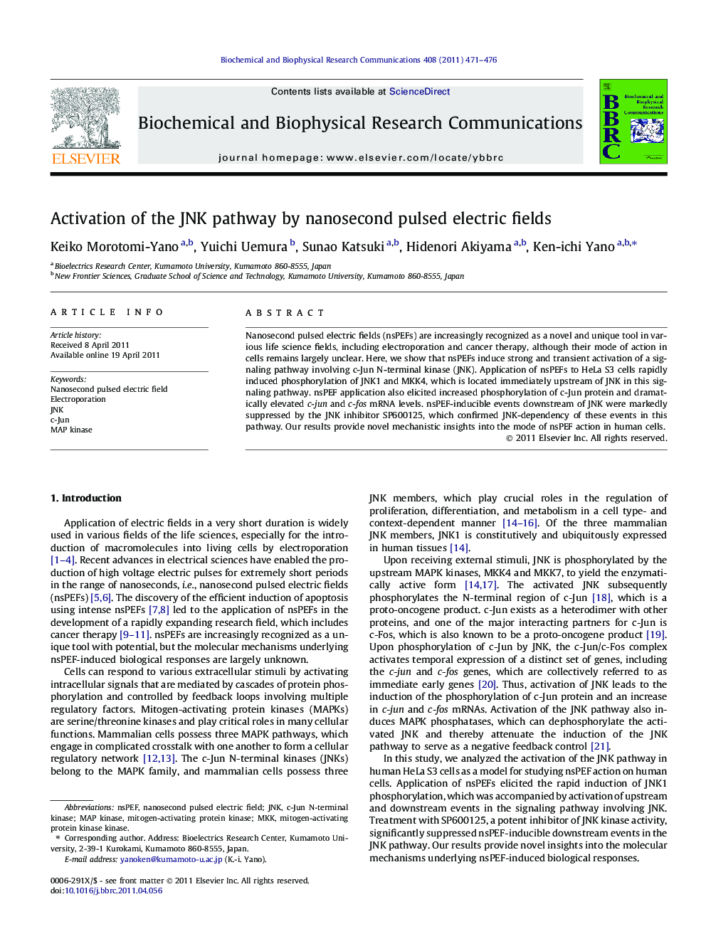 Activation of the JNK pathway by nanosecond pulsed electric fields