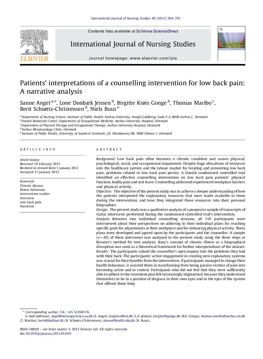 Patients’ interpretations of a counselling intervention for low back pain: A narrative analysis