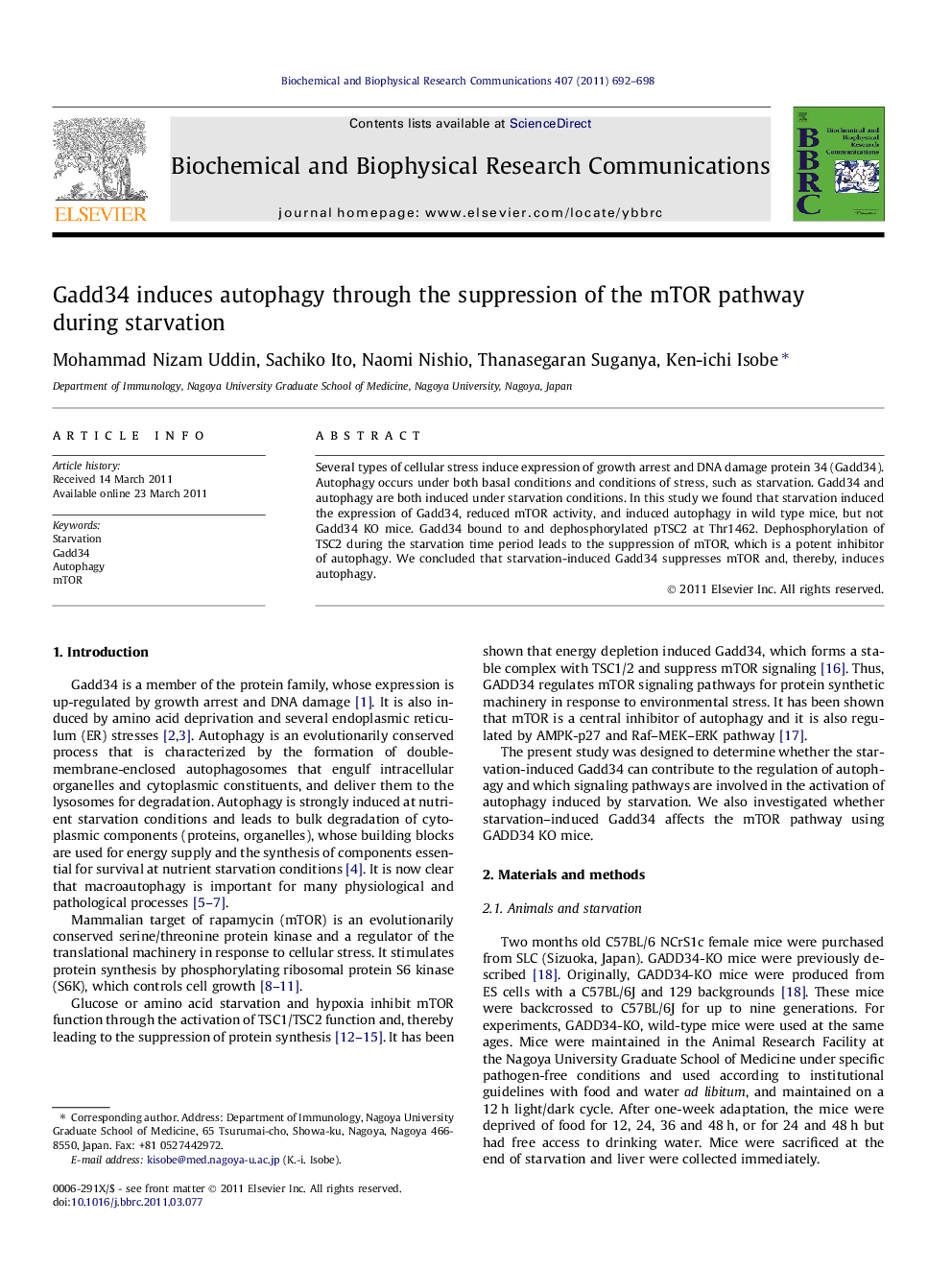 Gadd34 induces autophagy through the suppression of the mTOR pathway during starvation